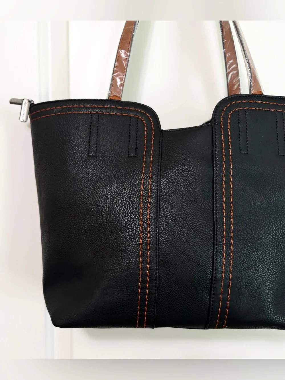 Montana West Black Tote Shoulder Bag Contrast Stitch Vegan Leather Zip Top - Picture 9 of 16